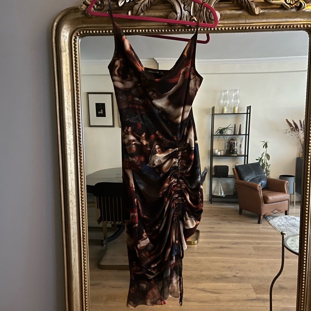 Ruched Renaissance mesh spaghetti strap dress